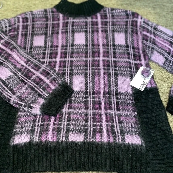 NWT NINE WEST PURPLE BLACK PLAID FUZZY MOCK NECK SWEATER SZ M - Picture 2 of 8